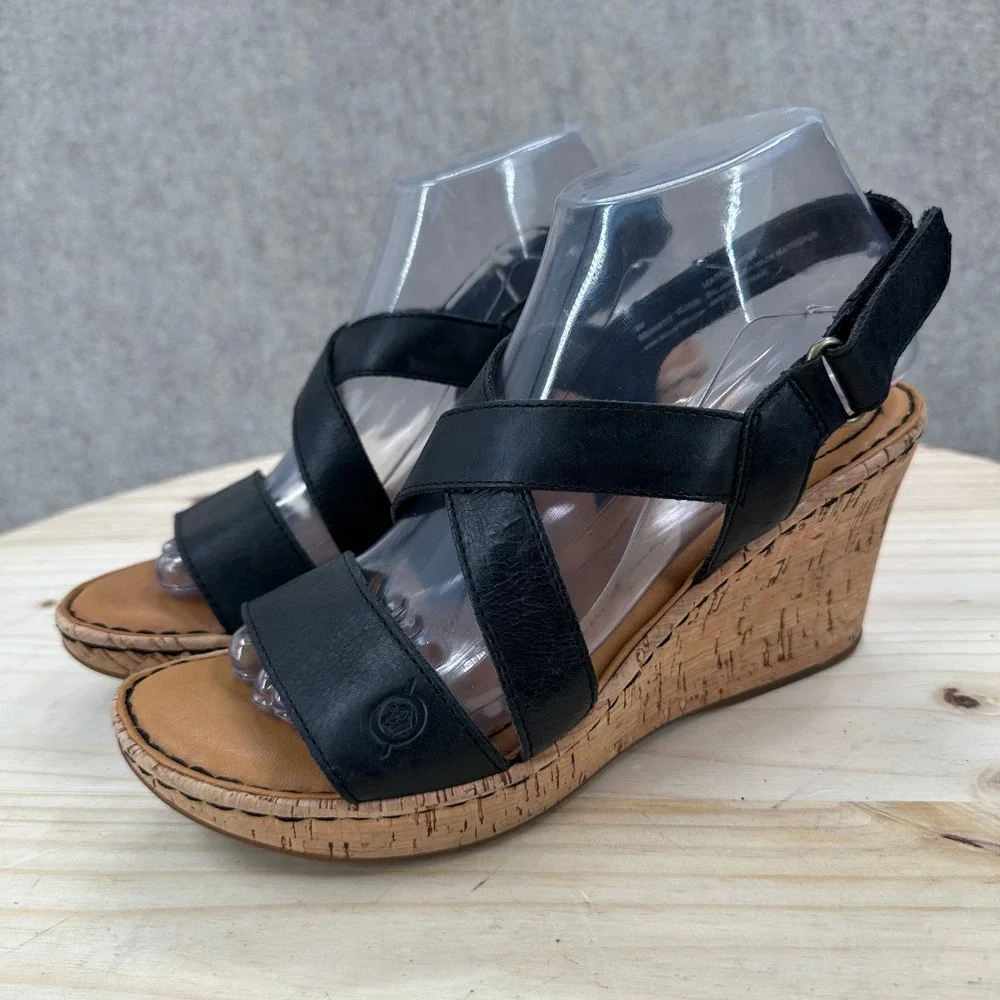 Born B.O.C. Schirra Wedge Sandals Womens 8 Black Faux Leather Strappy Cork Heel